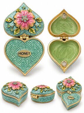 Monet Signed Floral Enamel Heart Trinket Box Pink Flower Rhinestone Keepsake